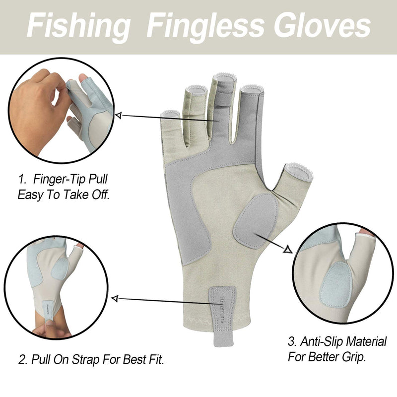 [AUSTRALIA] - Riverruns Fingerless Fishing Gloves- Fishing Sun Gloves- UV Protection Gloves Men and Women Fishing, Boating, Kayaking, Hiking, Running, Cycling and Driving. Light Gray Medium 