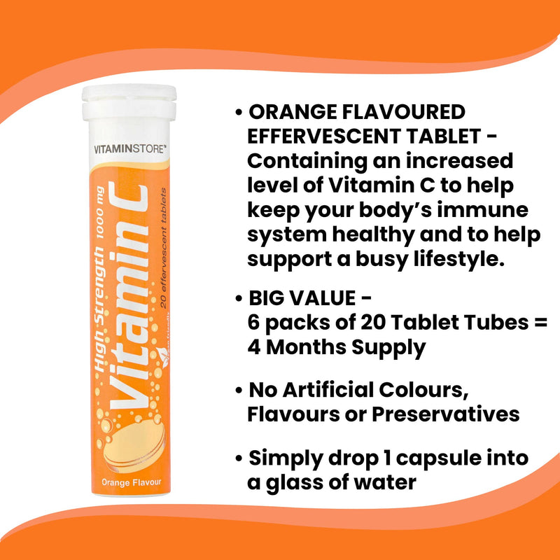120 Vitamin C Orange 1000mg Effervescent Tablets *6 Packs of 20* HIGH Strength 20 Count (Pack of 6) - BeesActive Australia