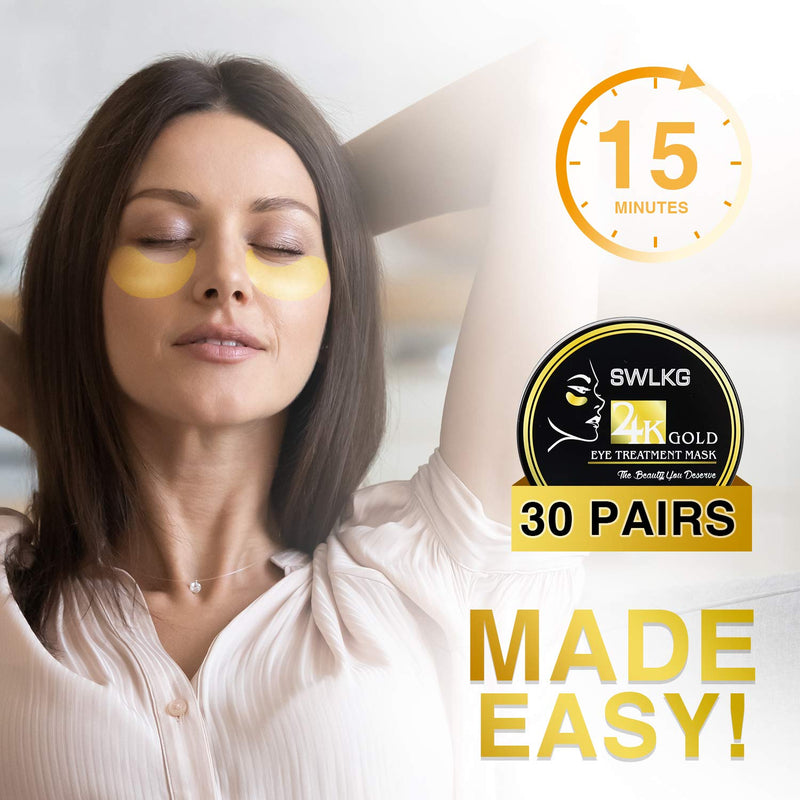 Under Eye Patches - 24k Gold Eye Masks for Dark Circles Puffiness, Reduces Wrinkles, Anti Aging, Eye Bags Treatment (30 Pairs) by SWLKG - BeesActive Australia