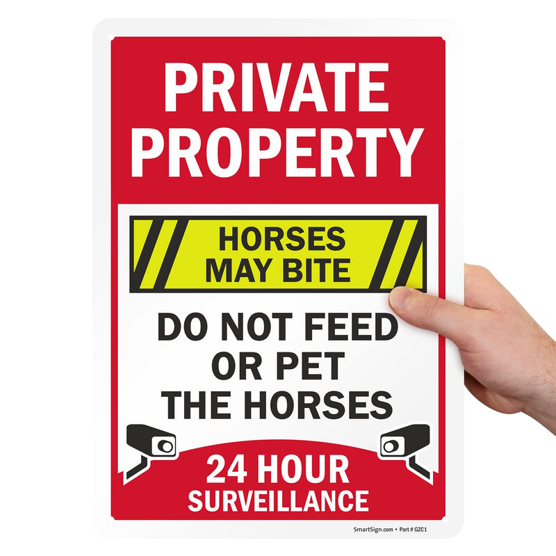 SmartSign 14 x 10 inch “Private Property - Horses May Bite, Do Not Feed Or Pet The Horses, 24 Hour Surveillance” Metal Sign, 40 mil Laminated Rustproof Aluminum, Multicolor - BeesActive Australia
