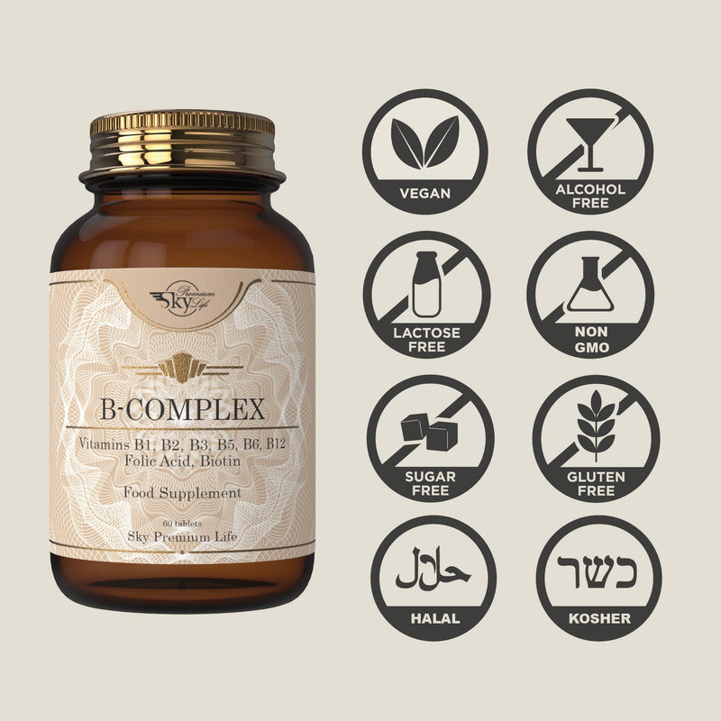 Sky Premium Life Vitamin B Complex with Vitamins B1, B2, B3, B5, B6, B12, Folic Acid & Biotin - 60 Tablets (1 Pack) - BeesActive Australia