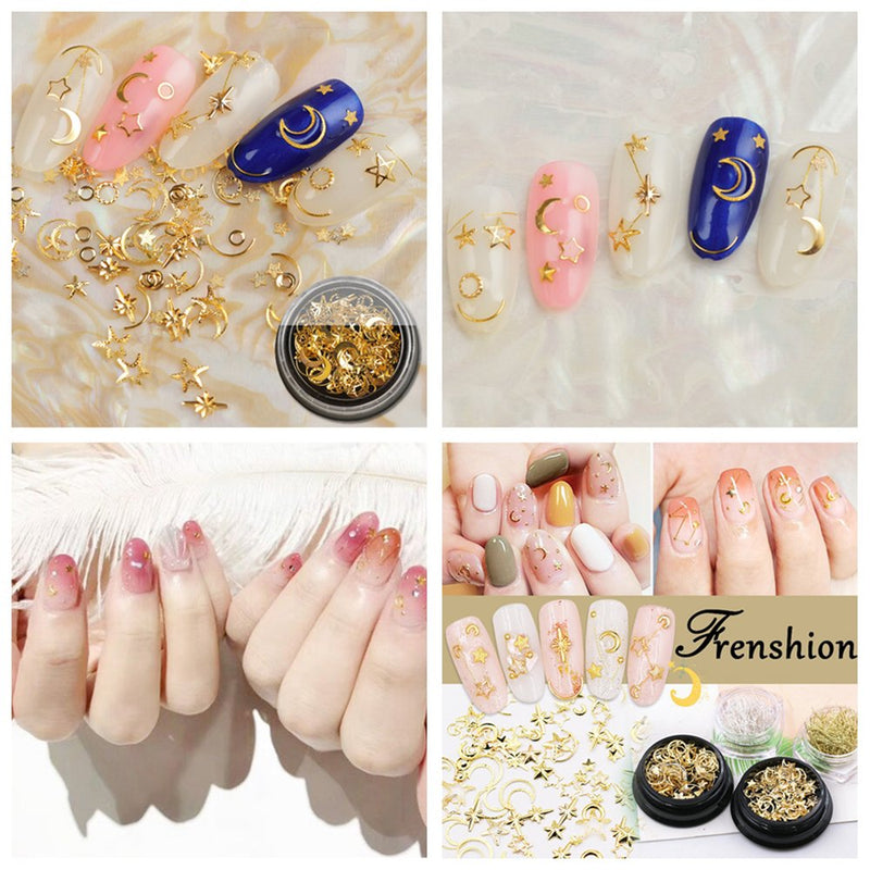 Frenshion 1 Set 3D Hollow Moon Stars Alloy Glitter Rivet Nail Stickers and Gold Silver DIY Nail Art Decoration Line Nail Art Decoration Strip Line Set Kit Perfect for Manicure Pedicure - BeesActive Australia