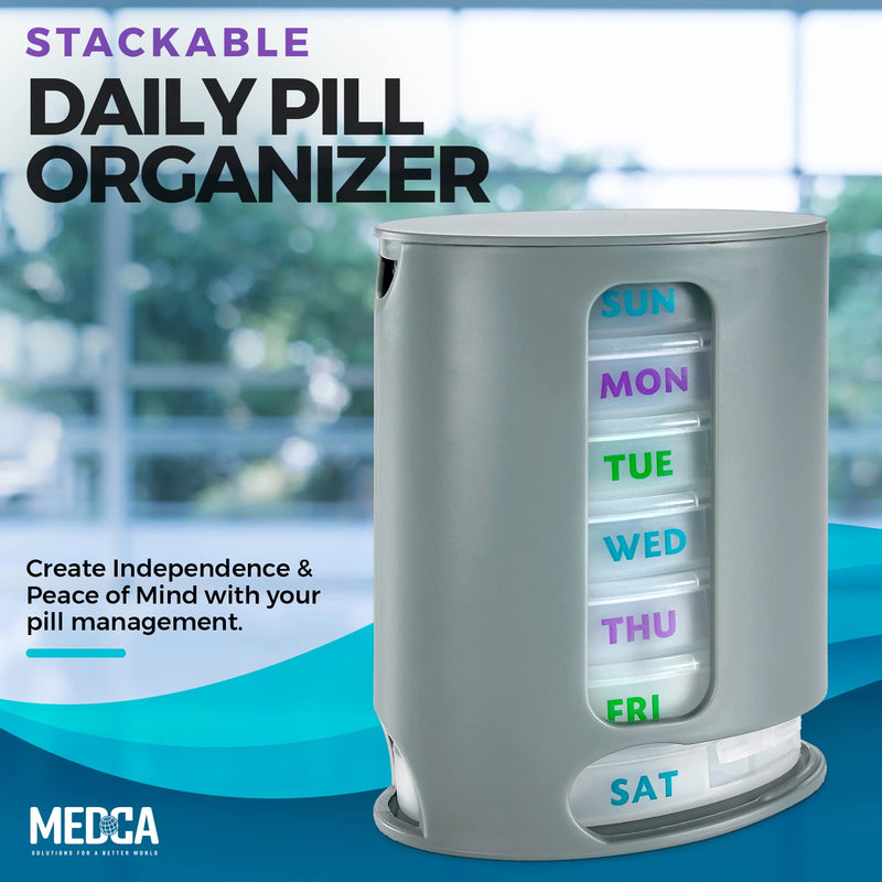 MEDca Weekly Pill Organizer, 1 Dispenser, 7 Stackable Compartments with 4 Sections - Morning, Noon, Evening, Bedtime, Grey. - BeesActive Australia