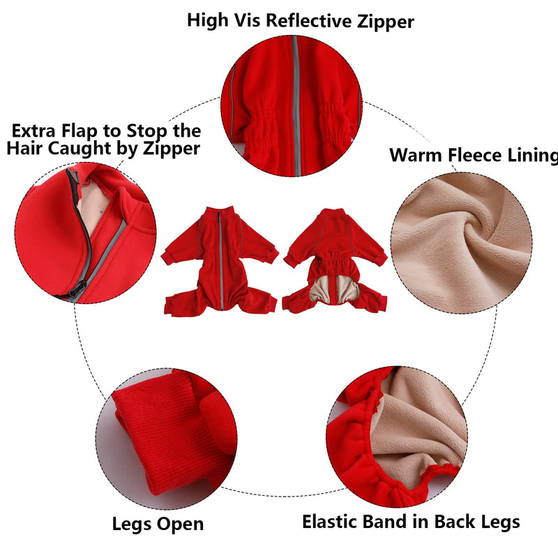 Dog Full Body Warm Fleece Coat with Legs Puppy Pyjamas Jumpsuit Suit with Reflective Zipper Closure Put on and Off Easy and Safety X-Large(Back: 20"in) Red - BeesActive Australia