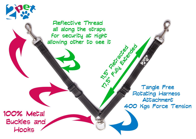 2PET Double Dog Leash Tangle Free Adjustable Leash Coupler - Ideal Dog Leash for 2 Dogs Extension - Forget About Messy Tangled Walks of Dogs - Ebony Black - BeesActive Australia