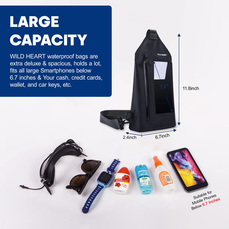 WILD HEART Waterproof sling Bag Pouch Fashion Diving Swimming Pool Beach Underwater Pouch Case Fully Waterproof Sea Fishing Diving Large Capacity Lightweight Bag (black) blak - BeesActive Australia