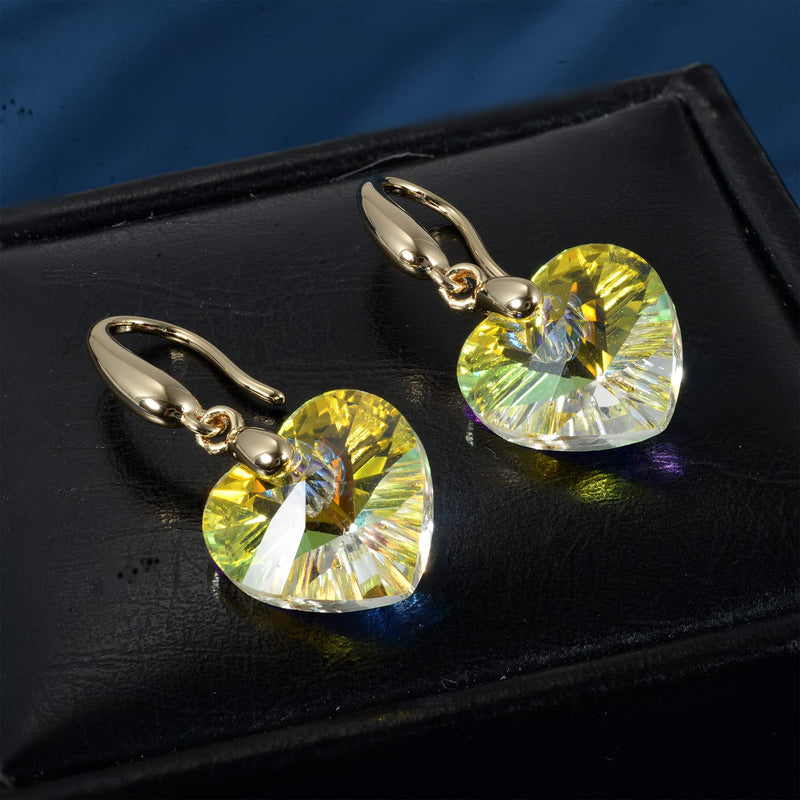 Love Heart Austrian Crystal Earring For Women,14K Gold Plated Hypoallergenic Drop Earrings For Sensitive Ears 1-Silver-Yellow - BeesActive Australia