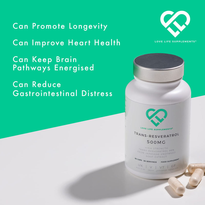 High Strength Trans-Resveratrol - 98% Purity (3rd Party Tested) | 500mg x 60 Capsules / 60 Servings | from Japanese Knotweed Root Extract | Pure Fill (Nothing Else Added) | Love Life Supplements - BeesActive Australia