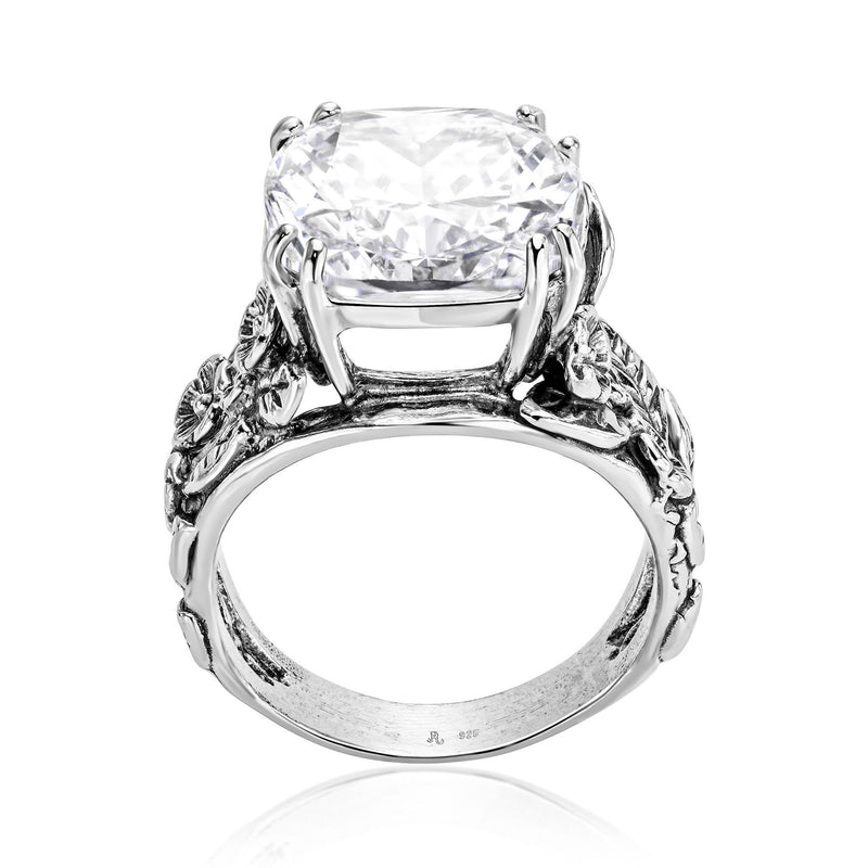 JEAN RACHEL JEWELRY 925 Sterling Silver Statement Ring White Cushion Shaped Cubic Zirconia CZ Floral Leaves Vintage Antique Look Hypoallergenic 10 - BeesActive Australia