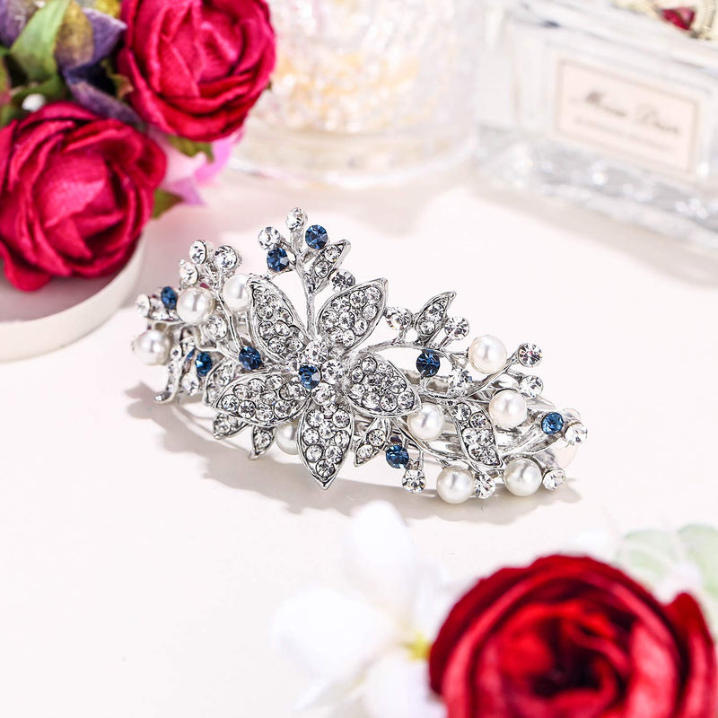 EVER FAITH Austrian Crystal Bridal Hibiscus Cream Simulated Pearl Hair Clip Barrette Silver-Tone Blue - BeesActive Australia
