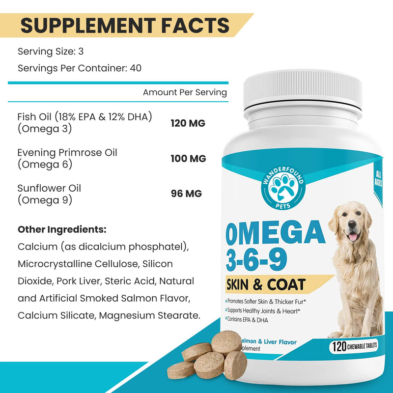 Wanderfound Pets - Omega 3-6-9 Skin and Coat Fish Oil for Dogs, Fatty Acid for Dogs’ Joint and Heart Health, Chewable Vitamins for Dogs Fur and Skin, Smoked Salmon and Liver Flavor, 120 Tablets - BeesActive Australia