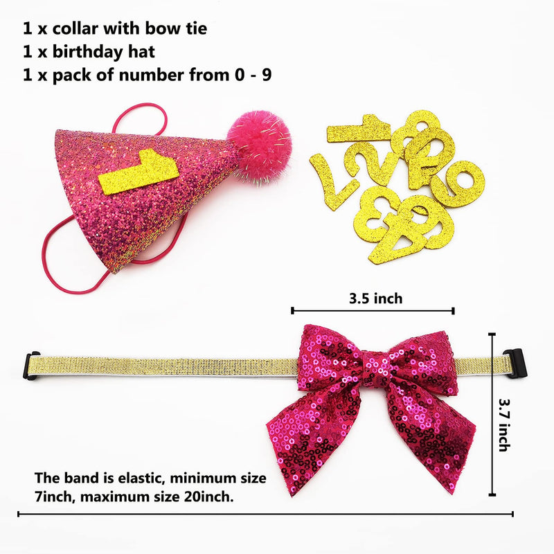 IDOLPET Cat Birthday Hat and Bowtie Dog Birthday Hat Reusable Cute Cone Hat with 0-9 Figure Doggy Bow Tie for Dog Adult Cat Birthday Party Supplies Costume Grooming Headwear Hair Accessories Pink - BeesActive Australia
