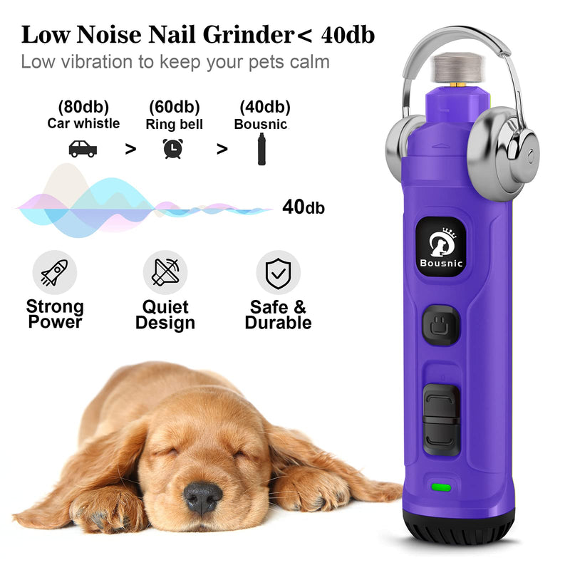 BOUSNIC Dog Nail Grinder with 2 LED Light - Super Quiet Pet Nail Grinder Powerful 2-Speed Electric Dog Nail Trimmer File Toenail Grinder for Puppy Small Medium Large Breed Dogs & Cats Purple - BeesActive Australia