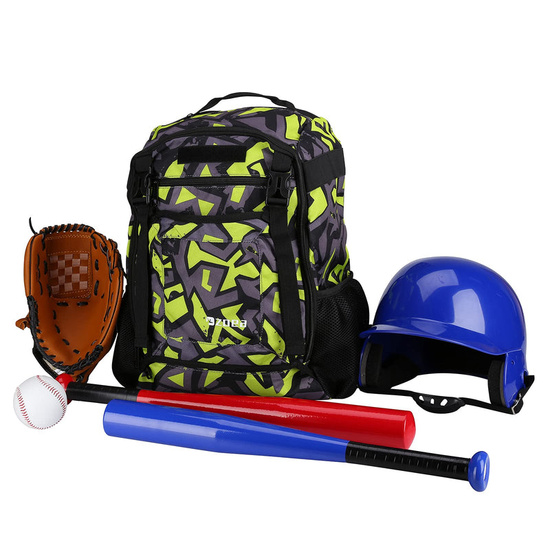 ZOEA Youth Baseball Bat Bag Backpack, T-Ball & Softball Equipment & Gear for Youth, Large Capacity Holds 2 Bats, Helmet, Gloves, Cleats, Helmet Holder and Includes Fence Hook Green - BeesActive Australia