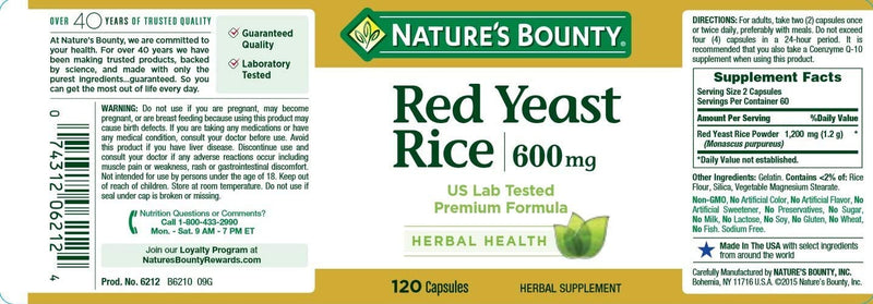 Nature's Bounty Red Yeast Rice Pills and Herbal Health Supplement, Dietary Additive, 600mg, 120 Capsules 120 Count (Pack of 1) - BeesActive Australia