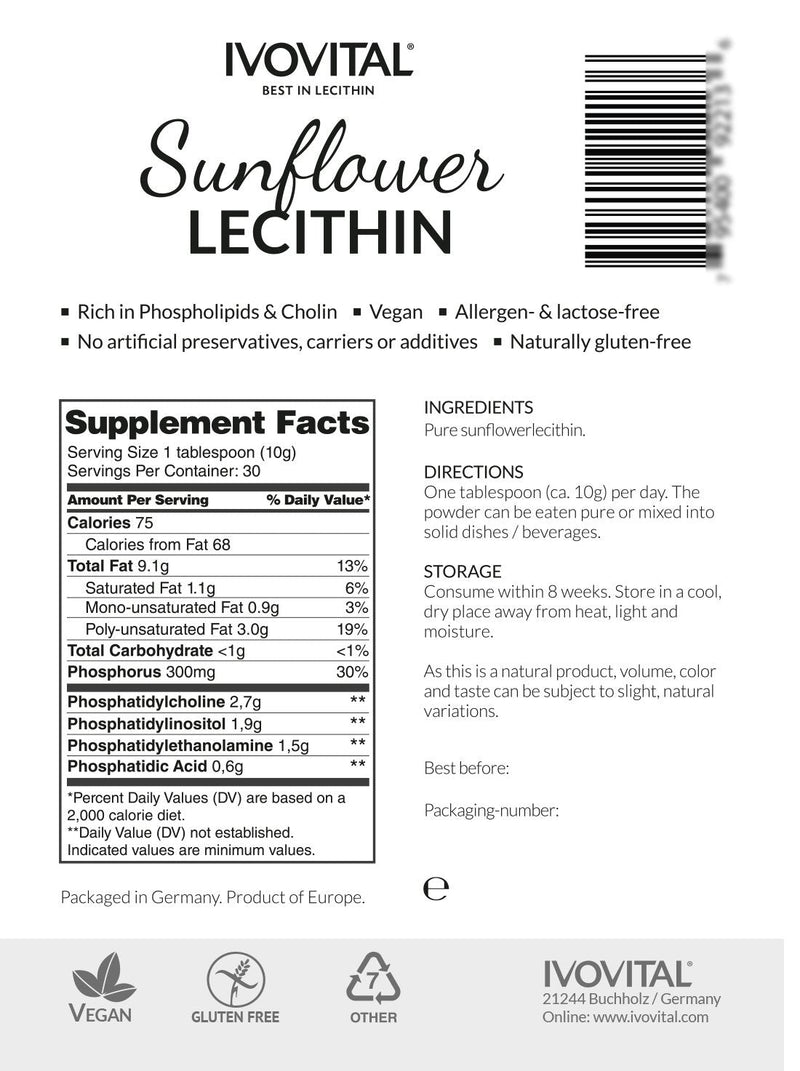 Sunflower Lecithin Powder, IVOVITAL®, Non-GMO and Soy Free (300 g) 300 g (Pack of 1) - BeesActive Australia