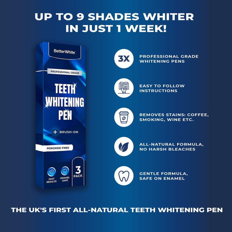 BetterWhite Teeth Whitening Pen (3 Pens) - 30+ Uses, Non-Sensitive - Removes Years of Stains - Safe for Enamel – 100% Natural Formula, Dentist Formulated, Non-Toxic, Easy to Use, Travel-Friendly - BeesActive Australia