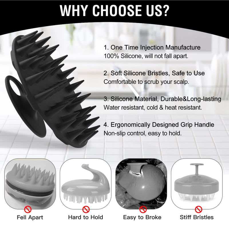 BEAUTAIL Hair Scalp Massager Shampoo Brush, Soft Silicone Head Care Scrubber and Exfoliator for Dandruff Removal and Hair Growth, Washing Hair Scrub Brush for Women Men Pet, 1 Pack, Black - BeesActive Australia