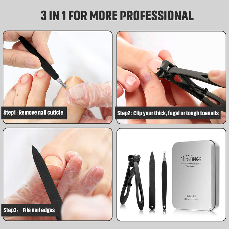 5 Pieces Nail Clipper Set Includes 2 Thick Toenail Clipper, Wide Jaw Nail Clipper, Cuticle Remover and Nail File, Toenail Manicure Tools for Men Seniors Thick Ingrown Nails (Black) Black - BeesActive Australia