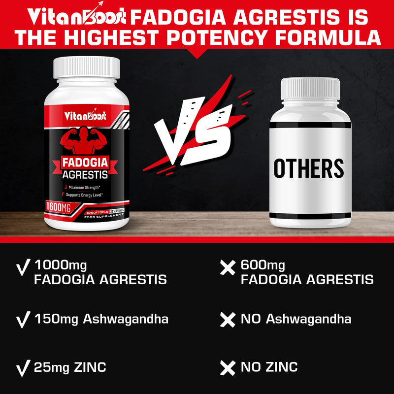 Vitanboost Fadogia Agrestis 1000mg with Ashwagandha & ZINC- Maximum Strength Fadogia Agrestis Extract Supplements - Drive, Athletic Performance & Muscle Mass - Gluten Free, Non-GMO, 60 Softgels 60Count (Pack of 1) - BeesActive Australia