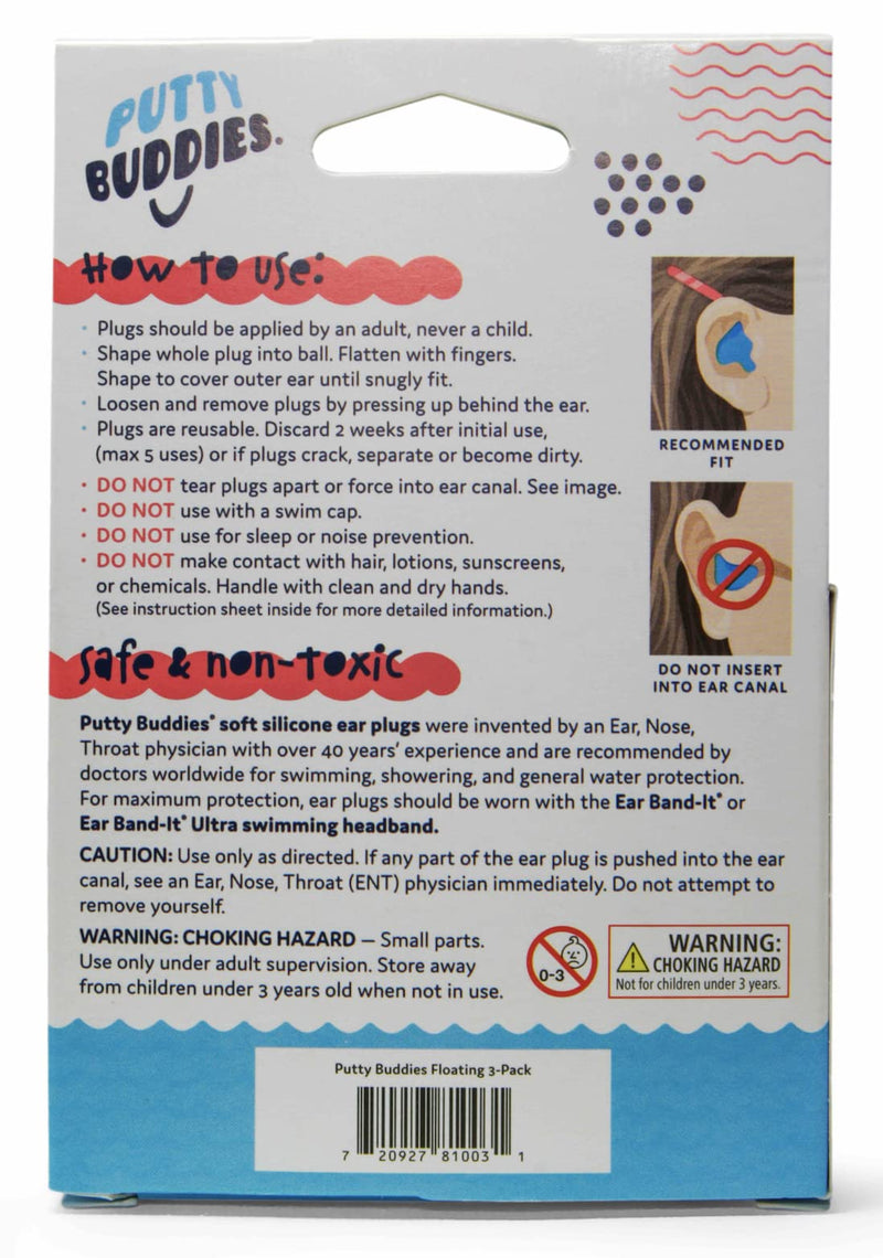 PUTTY BUDDIES Floating Earplugs 3-Pair Pack – Soft Silicone Ear Plugs for Swimming & Bathing – Invented by Physician – Keep Water Out – Premium Swimming Earplugs – Doctor Recommended Blue/Red/Green - BeesActive Australia
