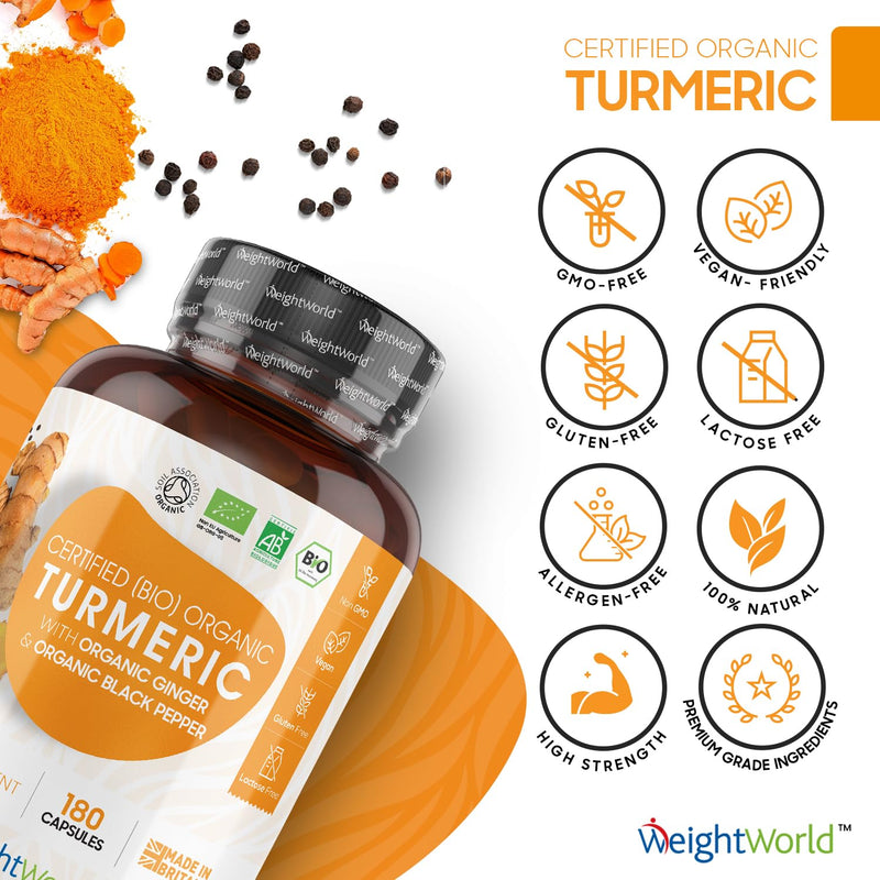 Organic Turmeric Capsules High Strength 1520mg - with Black Pepper & Ginger - 180 Capsules (3 Months Supply) - Soil Association Certified Turmeric Supplement - Natural & Vegan - Made in The UK - BeesActive Australia