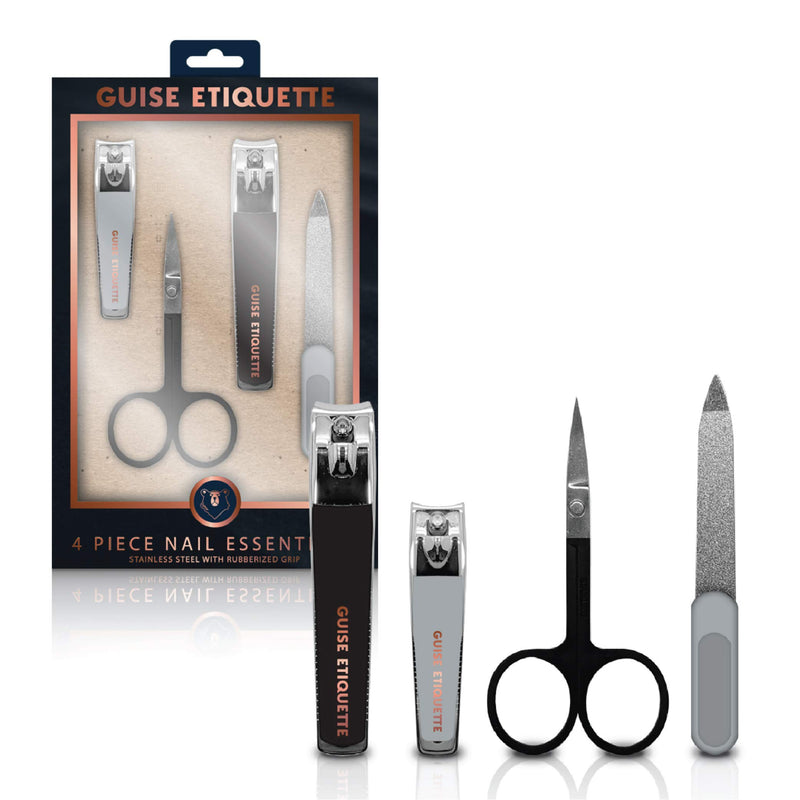 GUISE ETIQUETTE - Men's 4 Piece Nail Essentials Gift Set | Contains Grooming Scissors, Heavy Duty Toenail Clippers, Compact Nail Clippers & Nail File | Premium Stainless Steel with Rubberized Grips - BeesActive Australia