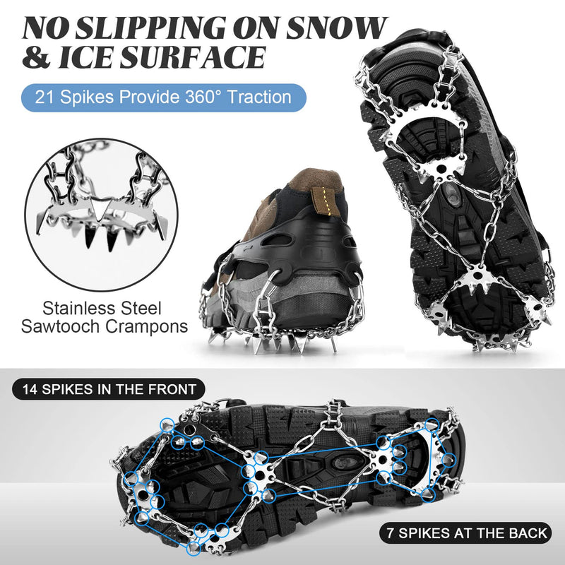 Odoland Crampons Ice Cleats Traction Snow Grips with Leg Gaiters for Men Women, 21 Stainless Steel Spikes for Boots Shoes, Anti Slip Safe Protect Ice Grips for Walking Hiking Climbing Mountaineering Black X-Large - BeesActive Australia