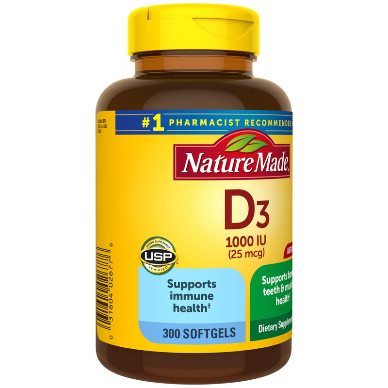 Nature Made Vitamin D3, 300 Softgels, Vitamin D 1000 IU (25 mcg) Helps Support Immune Health, Strong Bones and Teeth, & Muscle Function, 125% of the Daily Value for Vitamin D in One Daily Softgel 300 Count (Pack of 1) - BeesActive Australia