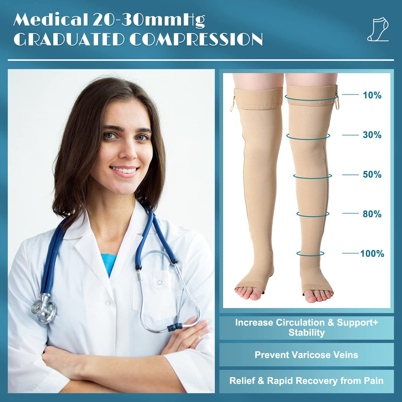 Newcotte Open Toe Zipper Compression Socks Thigh High 20-30mmhg Graduated Compression Stockings with Zipper Open Toe Thigh High Compression Stockings for Women Men Swelling Edema L - BeesActive Australia