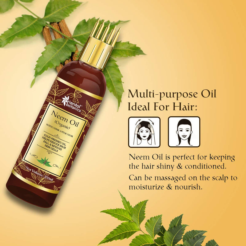 Oriental Botanics Organic Neem Oil 200ml for Hair and Skin Care - With Comb Applicator - Pure Oil with No Mineral Oil, Silicones - BeesActive Australia