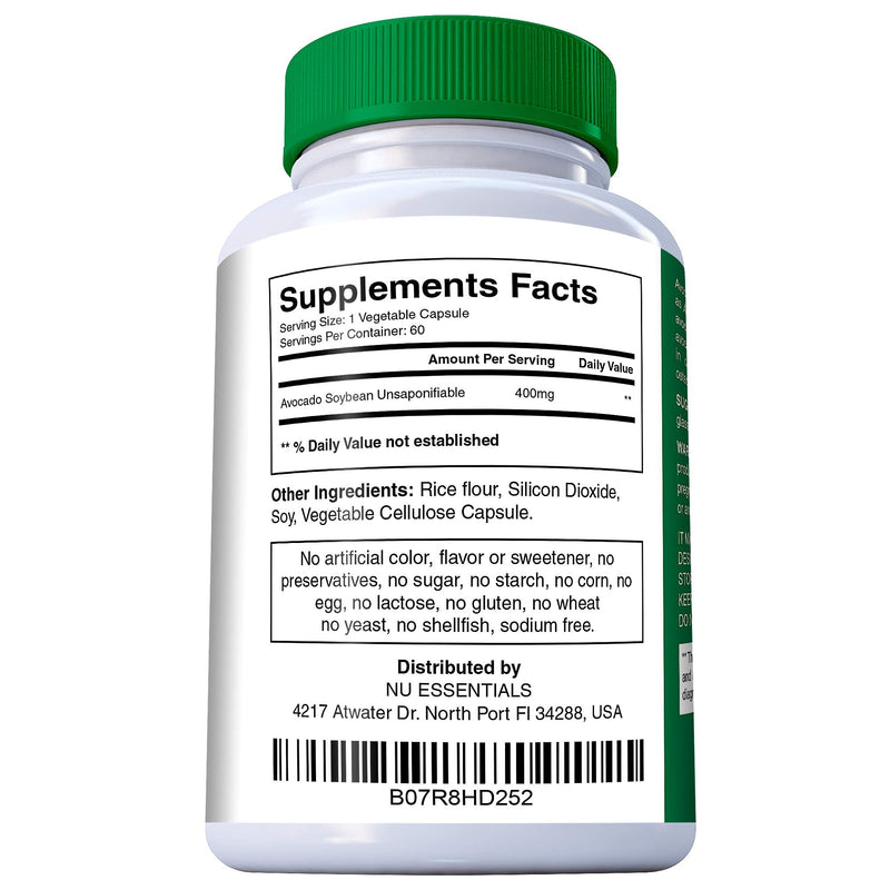 N'More Avocado Soybean Unsaponifiables Joint Health Supplement 400 mg, Non-GMO, Dairy, Gluten & Shellfish Free, 60 Day Supply, One Capsule Per Day - BeesActive Australia