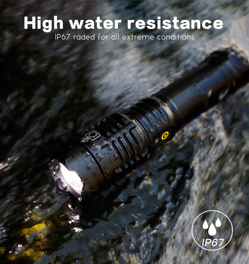 3000 Lumen Rechargeable Tactical Flashlight - YXQUA XHP70 High Lumen Flashlight IP67 Water Resistant,5 Modes and Zoomable for Camping, Emergency, Hiking, Gift one size one colour - BeesActive Australia