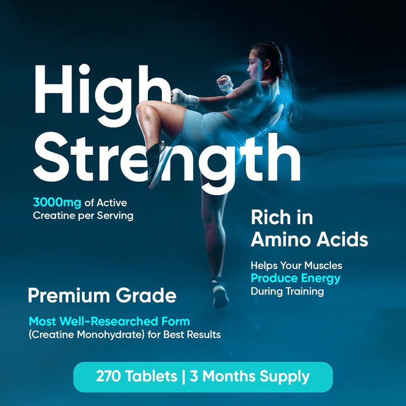 Creatine Monohydrate Tablets 3000mg - 270 Creatine Tablets - Gym Supplement for Men & Women - Creatine Monohydrate Powder Alternative - Vegan & Keto Unflavoured Energy Supplement for Workout - BeesActive Australia