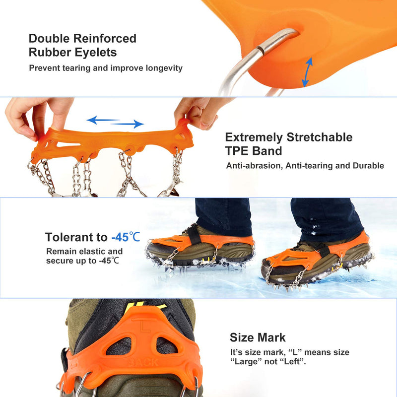 Unigear Traction Cleats Ice Snow Grips with 18 Spikes for Walking, Jogging, Climbing and Hiking Orange Large - BeesActive Australia