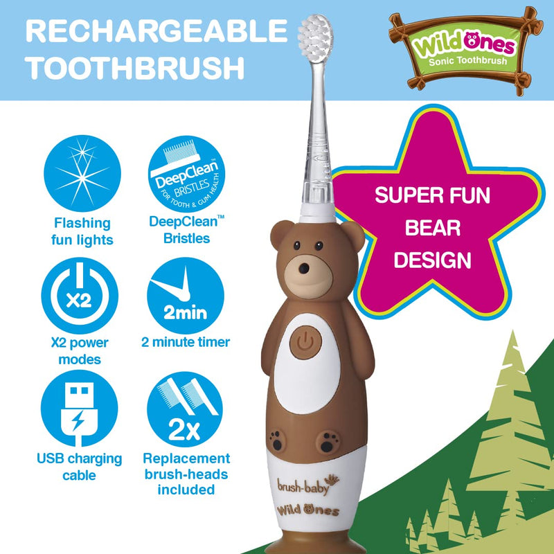 Brush-Baby WildOnes Kids Electric Rechargeable Toothbrush Bear, 1 Handle, 3 Brush Head, USB Charging Cable, for Ages 0-10 (Bear) - BeesActive Australia