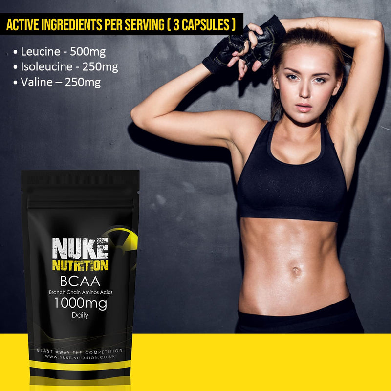 Nuke Nutrition BCAA Capsules | 120 Capsules 1000mg | Advanced Essential Amino Acids Supplement to Build Lean Muscle | Boost Recovery, Muscle Building & Growth | Leucine, Isoleucine & Valine | Vegan 120 Count (Pack of 1) - BeesActive Australia