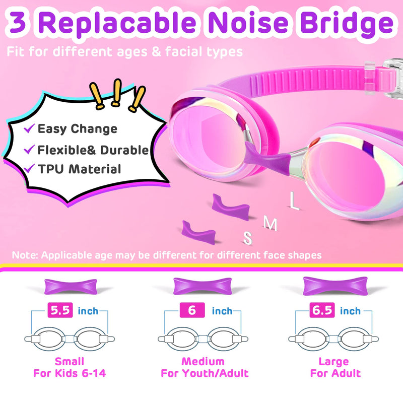 Vvinca Swimming Goggles 2 Pack Swim Goggles with 3 Nose Piece, Anti-Fog Anti-UV Silicone Pool Goggles Adult Women Men Youth C-2 Packs Mirrored Pink & Purple - BeesActive Australia