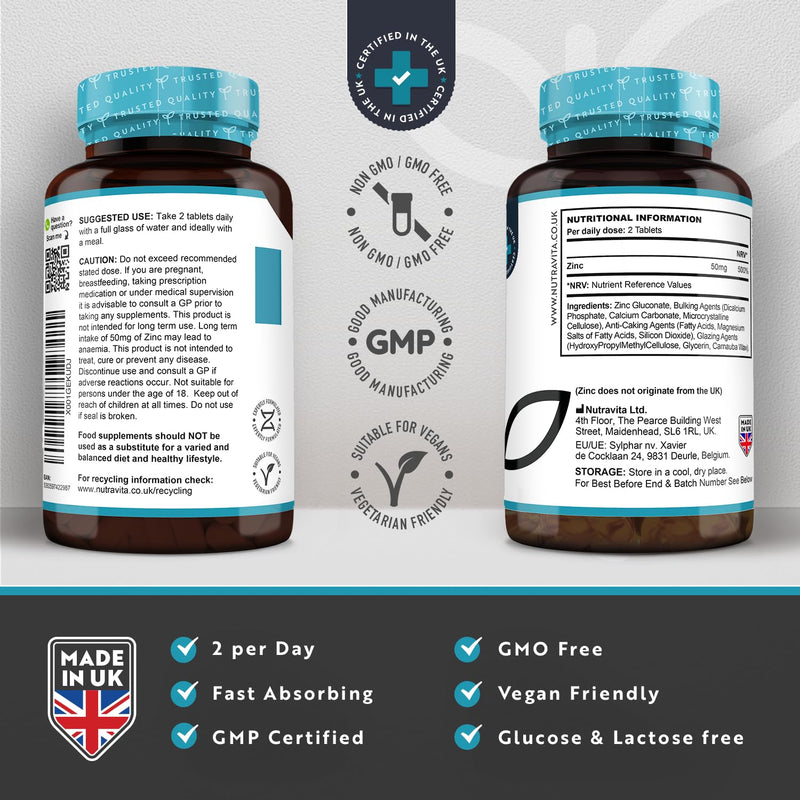 Zinc Tablets 50mg � 365 Vegan Tablets for 6 Months Supply � Zinc Supplement High Strength for Maintenance of Normal Immune System, Bones, Hair, Skin & Nails � Made in The UK by Nutravita - BeesActive Australia