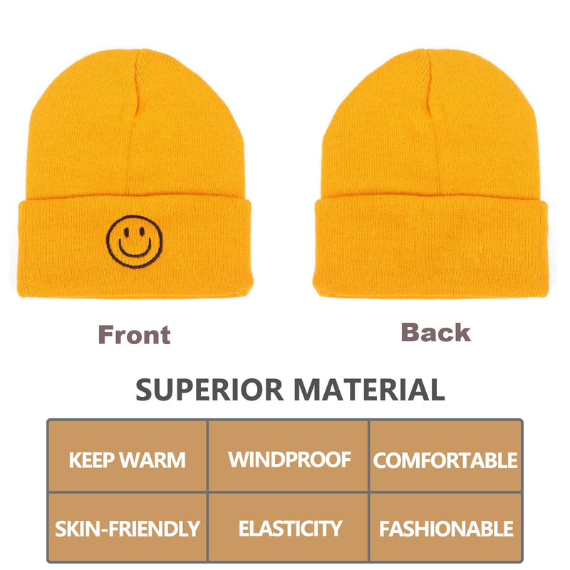 AJG Black Beanie Hats for Men,Smile Face Embroidered Acrylic Soft Winter Hats for Women 7-7 1/2 1-yellow - BeesActive Australia