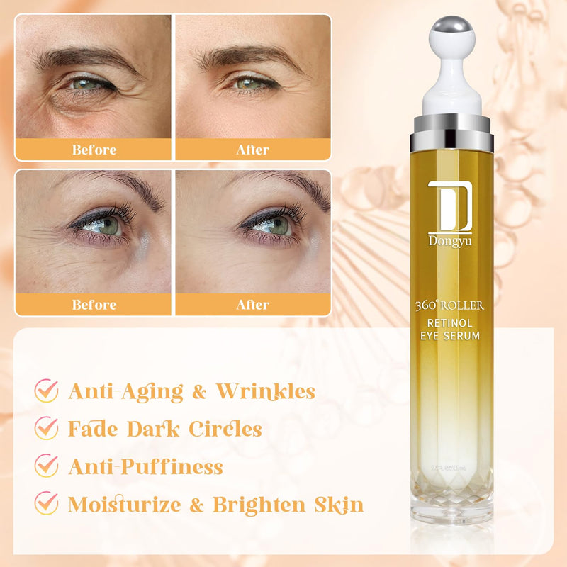 Retinol Eye Serum 360° Roller: Retinol Eye Cream with Massage Ball - Caffeine and Yeast Under Eye Roller Serum - Anti Aging Eye Cream for Dark Circles Puffiness Bags- Reduce Wrinkles Fine Lines - BeesActive Australia