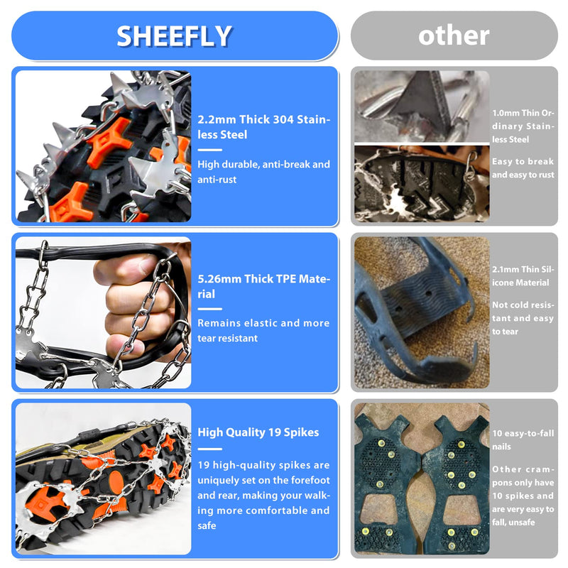 SHEEFLY Crampons Ice Cleats Traction,19 Spikes Snow Grips Ice Grippers Traction Anti-Slip Stainless Steel Spikes for Shoes and Boot，Microspikes for Running,Hiking，Climbing,Fishing,Running Black Large(US:8-11) - BeesActive Australia