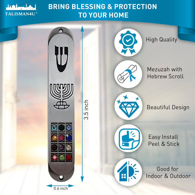 Pewter MEZUZAH Case with Scroll 12 Tribes of Israel Hoshen Design Seven Branch Menorah Judaica Door Mezuza 3.5 Inch - BeesActive Australia