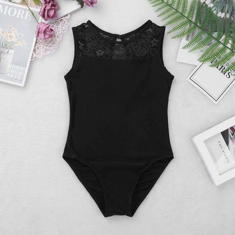 [AUSTRALIA] - renvena Kids Girls Classic Ballet Dance Leotard Gymnastic Active Sleeveless Floral Lace Splice Keyhole Back Bodysuit Black 10-12 