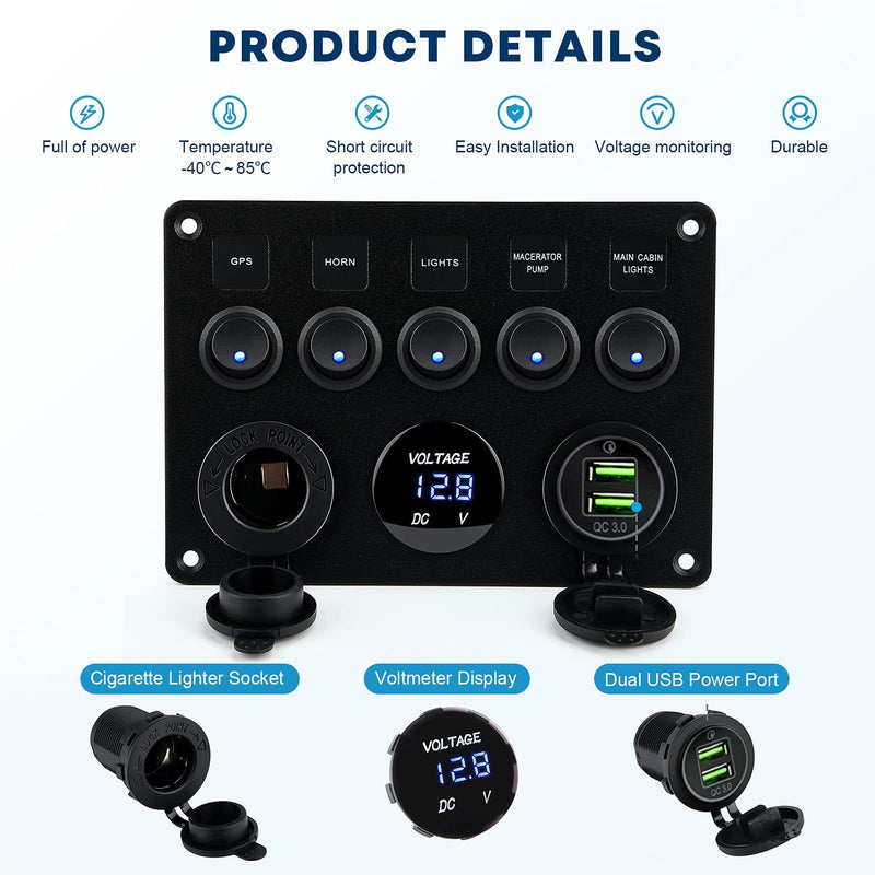 Kohree 5 Gang Rocker Switch Panel 12V Waterproof Toggle Switch Panel Led Aluminum Digital Voltmeter Display QC 3.0 Dual USB Charger Port DC 12/24 Volt Socket for RV Boat Car Vehicles Truck Marine - BeesActive Australia