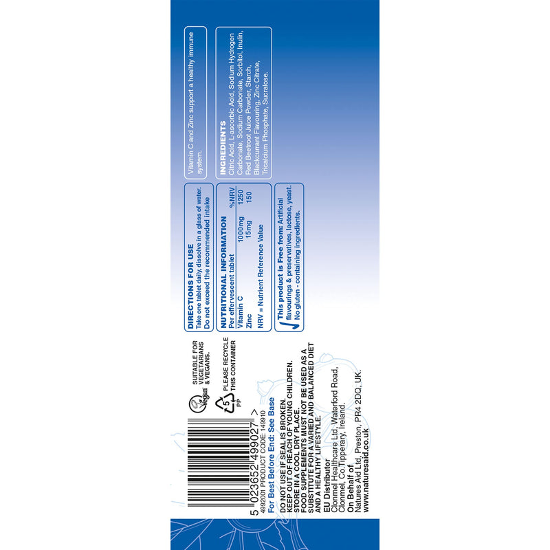 natures aid Immune Effervescent with Zinc & Vitamin C, Natural Blackcurrant Flavour, 20 Tablets, Pack of 1 Immune Effervescent, 20 Tablets - BeesActive Australia