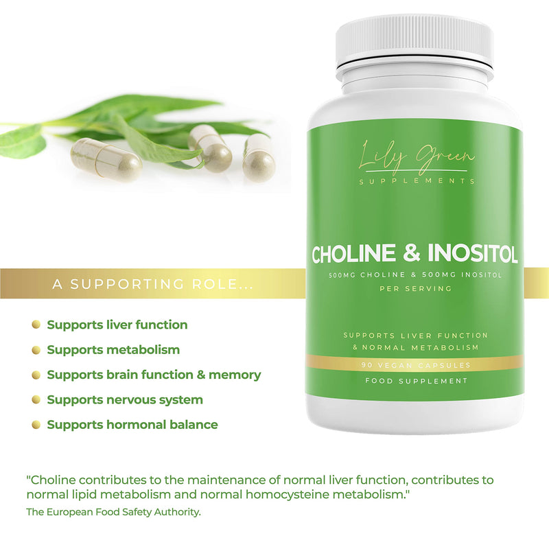 Lily Green | Choline 500mg & Inositol 500mg per Serving | 90 Vegan Capsules | Supports Normal Liver Function & Metabolism | Non-GMO | No Artificial Fillers or Excipients | Made in UK - BeesActive Australia