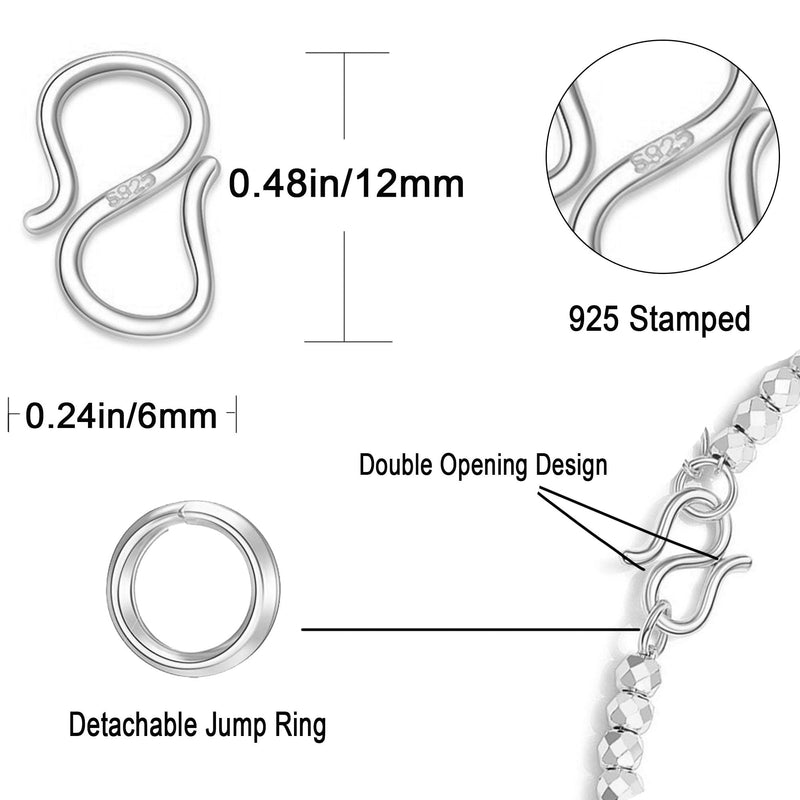 Double Opening 925 Sterling Silver S Hook Necklace Clasps Open Jump Rings for Necklaces Bracelet Or Jewelry Making, Made in Italy,4Silver,0.48 * 0.24IN 4Pcs Silver 0.47in/12MM - BeesActive Australia