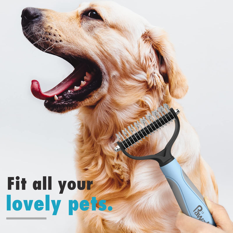 Pawaboo Pet Dematting Comb - Pet Grooming Comb with Dual Sided 9+17 Rake for Dogs and Cats, Gently Removes Loose Undercoat, Mats, Tangles and Knots Blue Gray - BeesActive Australia
