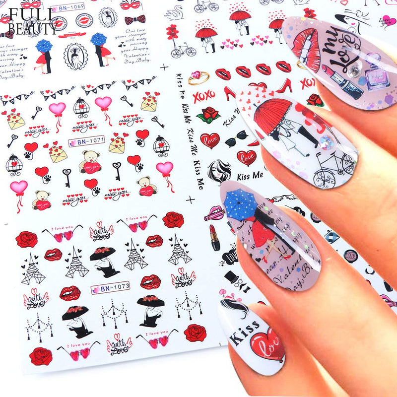 Mori Elves 24 Sheets Valentine Nail Art Stickers Valentines Day Nail Heart Water Transfer Decal Rose Lips Lipsticks Love for Women Girls DIY Nail Design Manicure Accessories - BeesActive Australia